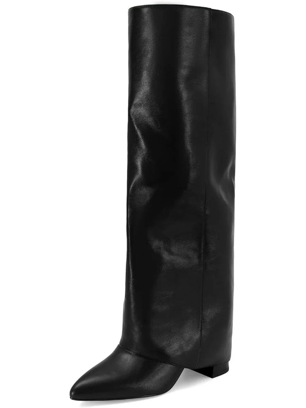 Women's Black Pointed Toe Faux Leather Chunky Heel Fold Over Knee High Boots